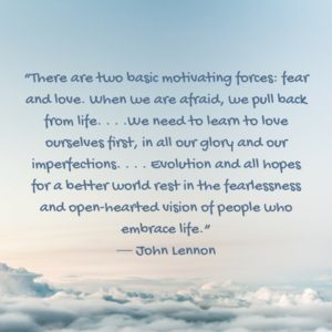 400x400 px Love or fear- Quote by John Lennon from chamrick writer with image of light blue sky and soft clouds