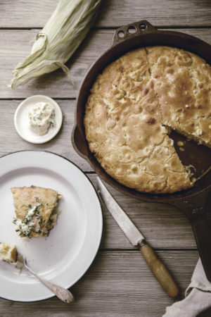The Southern Coterie blog: "Cast-Iron Skillet Cornbread with Leeks Recipe" by Ashley Schoenith